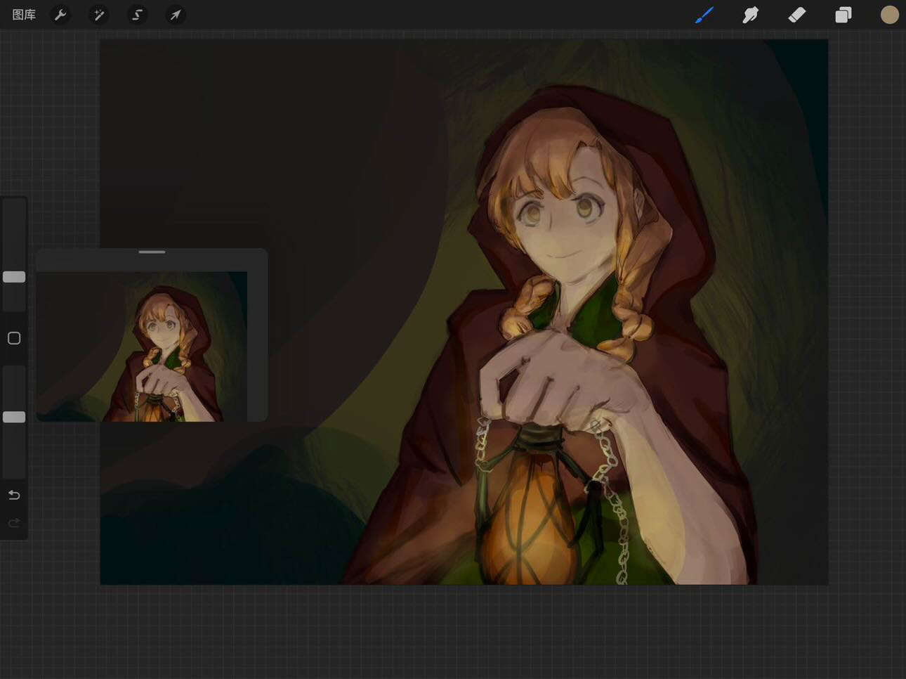 Digital painting of a girl in a red hood holding a glowing lantern in a dark forest