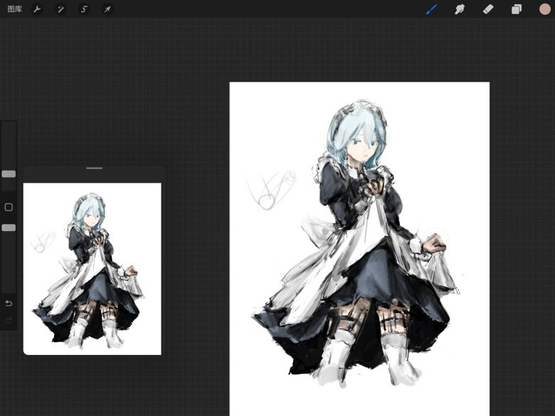 Character sketch of a pale-haired girl in a black and white maid dress