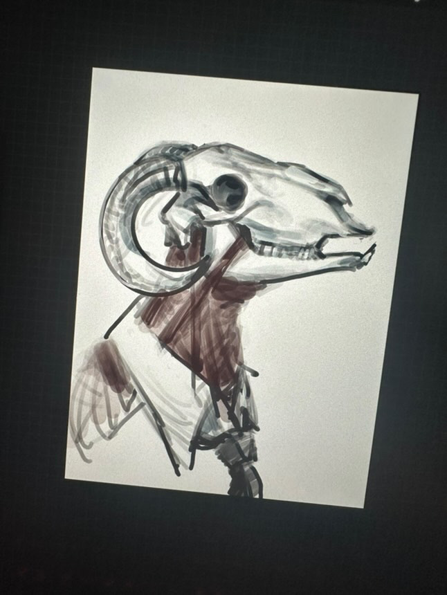 Sketch of a ram skull on a cloaked figure in grey and deep red